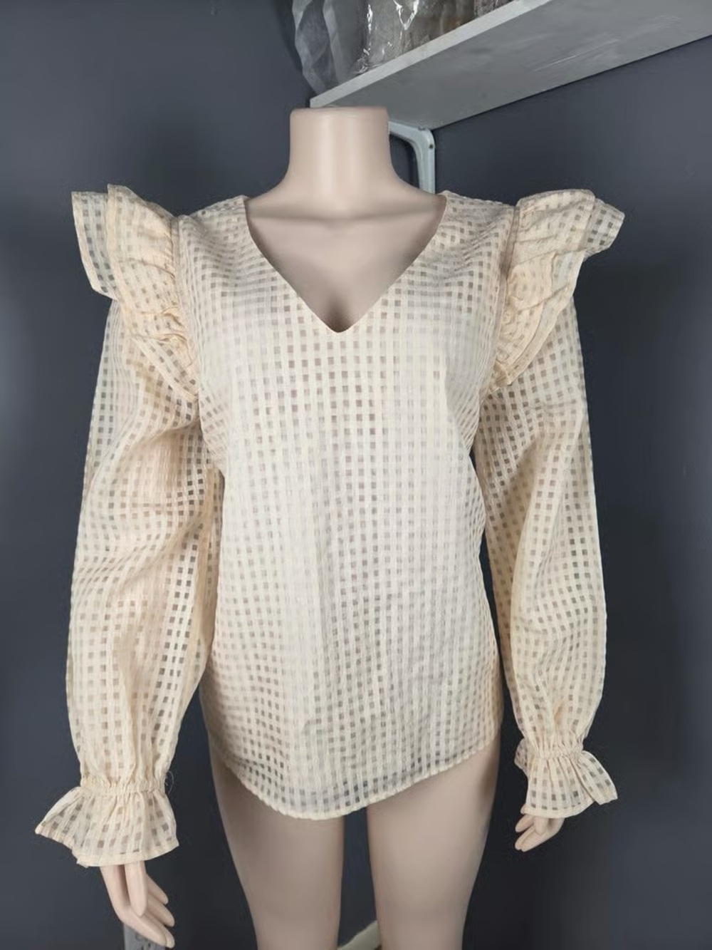 Women's Cream V-Neck Ruffle Sleeve Top